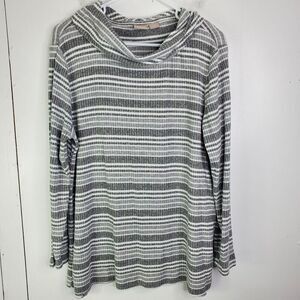 Chicos Sweater Womens L 2 Cowl Neck Ribbed Striped Gray Neutral Zenergy